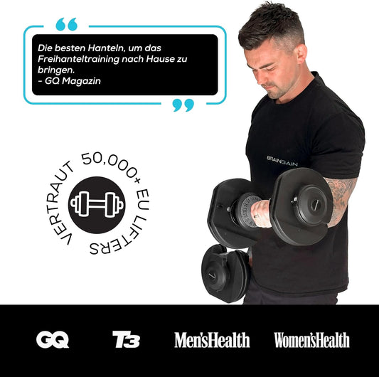 BRAINGAIN Verstellbares Kurzhantel-Paar, 15 in 1 (24kg) & 17 in 1 (40kg) Gewichtsstufen, Smart-Click-Technologie für schnellen Wechsel, Anti-Rutsch-Griff, platzsparend fürs Heimtraining