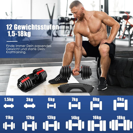DH FitLife verstellbare Hanteln 1,5 bis 18 KG mit 12 Gewichtsstufen, Kurzhanteln Hanteln Set mit Hantelscheiben, Hanteln Kurzhanteln verstellbar, variable Gewichte 12 in 1