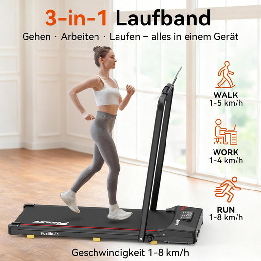 FunLife F1 Untertisch Walking Pad – 3 in 1 mini Laufband klappbar mit Haltegriff, stark, leise & kompakt für Zuhause & Home Office, Senioren & Reha geeignet