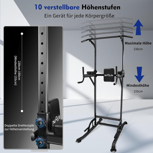 DH FitLife Power Tower Dip Station | Sport Geräte mit Klimmzugstange, Dip Barren u. Rückentrainer | Kraftstation Kraftturm | Fitness Station | Power Rack for Home Gym | Krafttraining für Zuhause