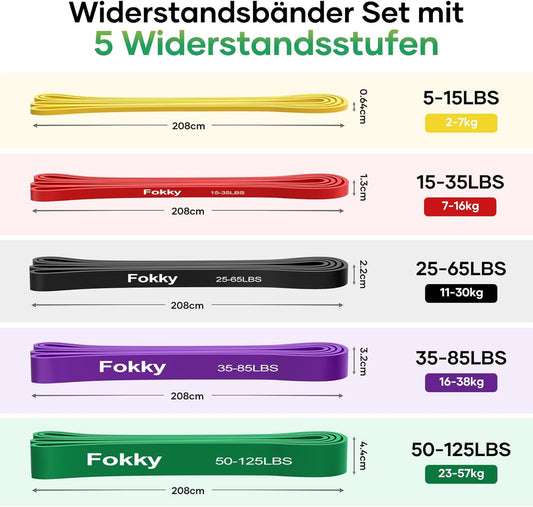 Fokky Fitnessbänder Widerstandsbänder mit 5 Stufen, Resistance Bands mit Türanker, 2*Griffen, Übungsanleitung&Tragebeutel, Gymnastikband Klimmzugband Fitnessband für Muskelaufbau,Yoga,Pilates 5er Set