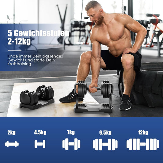 DH FitLife 12kg verstellbare Hanteln 2 bis 12 KG mit 5 Gewichtsstufen, Kurzhanteln Set mit Hantelscheiben, Kurzhanteln verstellbar, variable Gewichte 5 in 1, 2er Set