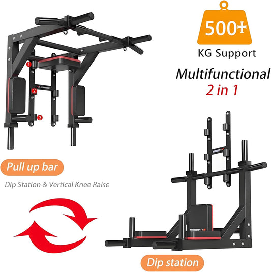 Multifunktionelle Klimmzugstange für die Wandmontage Fitness Dip Station 2 in1 Pull Up Bar Trainings Halterung mit Multifunktionen Wand Belastbarkeit bis 500kg Fitnessstudio für Zuhause