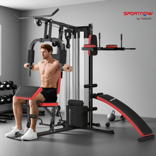 SPORTNOW Kraftstation, Multifunktionale Fitnessstation mit Butterfly- & Latzugstange, Curler, Brustpresse, Sit-Up-Bank, Fitnessgerät mit 65 kg Gewichtsblöcken, Schutzabdeckung, für Zuhause, Schwarz
