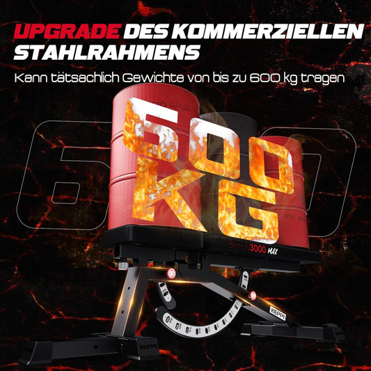 Keppi Hantelbank Verstellbar, mit 600 kg Kapazität, Schwerlast Verstellbar für das Heimtraining Schrägbank, Predigerpad und Neigungs/Abwärts/Flachverstellung Trainingsbank - Bench3000 Max