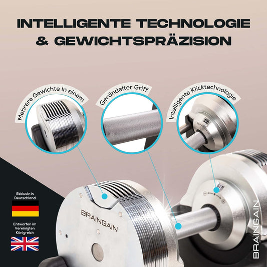 BRAINGAIN Verstellbare Kurzhantel Set 23,5kg / 32,5kg / 41,5kg – Jetzt mit 34mm Gen 4-Griff – Gewichte in 1 Sek wechseln – Platzsparendes Homegym – Mehrere Gewichte in einem – Chrom/Schwarz