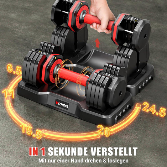 XDDIAS Verstellbare Hanteln Set 2 bis 11 kg/6,5 bis 24,5 kg – 5-in-1 Kurzhanteln mit 1 Sekunde Schnellverstellung, Platzsparende Dumbbell Set mit Rutschfestem Griff für Home Gym Gewichte Hantel
