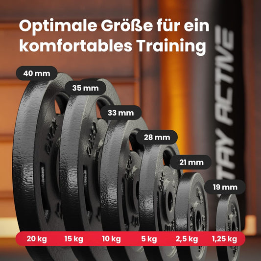 Hop-Sport Guss Hantelset mit Langhantelstange, Kurzhantelstangen und Gewichten, 1x Langhantel, 2X Kurzhantel, Set 39kg 59kg oder 79kg zur Auswahl