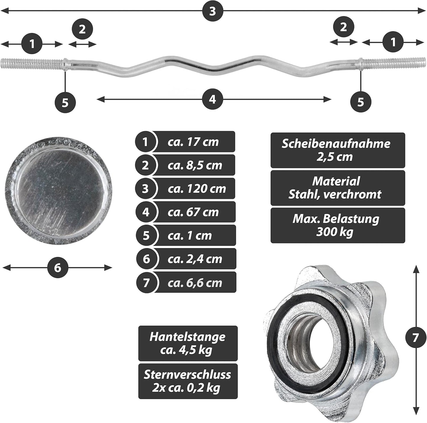 Curl-Set 120 cm 24 kg 8 Gewichte Krafttraining Zugstange silber verchromt Bodybuilding Fitness Schraubverschlüsse Gewichtheben Sternverschlüsse