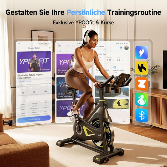 YPOO Heimtrainer Fahrrad, Leises Hometrainer Fahrrad mit Verstellbarem Magnetwiderstand, Indoor Spinning Bike für Kardiotraining mit Komfort-Atmungssitz, Tablet-Halter, App, LED-Monitor Bis 160KG