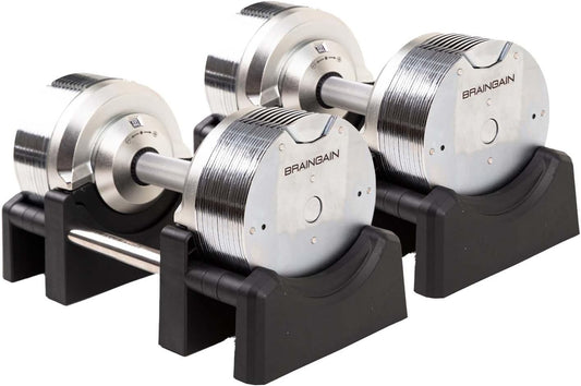 BRAINGAIN Verstellbare Kurzhantel Set 23,5kg / 32,5kg / 41,5kg – Jetzt mit 34mm Gen 4-Griff – Gewichte in 1 Sek wechseln – Platzsparendes Homegym – Mehrere Gewichte in einem – Chrom/Schwarz