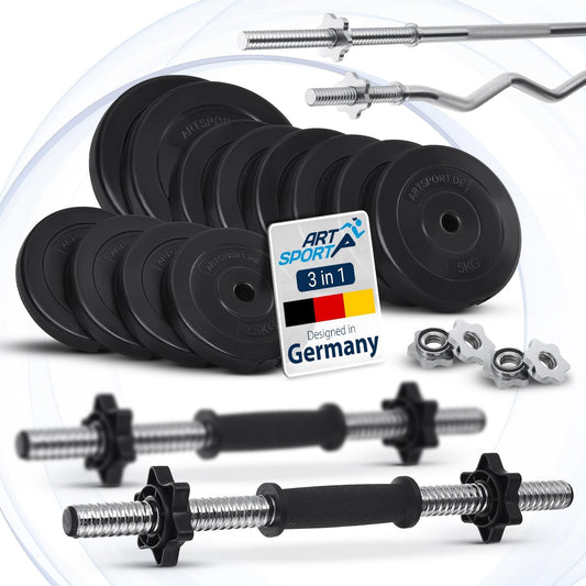 ArtSport® 3in1 Hantelset mit 2 Kurzhanteln, 1 Langhantel & 1 SZ Curlhantel - 12 Gewichte mit 60kg und Sternverschlüssen - Hantel Set Krafttraining