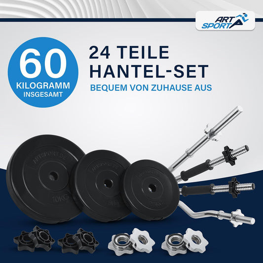 ArtSport® 3in1 Hantelset mit 2 Kurzhanteln, 1 Langhantel & 1 SZ Curlhantel - 12 Gewichte mit 60kg und Sternverschlüssen - Hantel Set Krafttraining